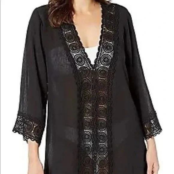 La Blanca Other - La Blanca Swim Cover Up One Size Black Crochet Trim VNeck Long Sleeve Boho Beach